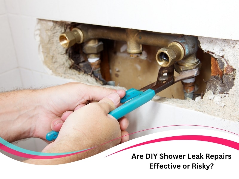 A bloke tackles DIY shower leak repairs on exposed pipes with a wrench, pondering if it's effective or risky.